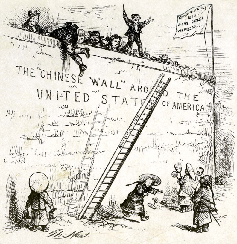 Cartoon about Chinese wall around US to exclude Chinese workers in 1870