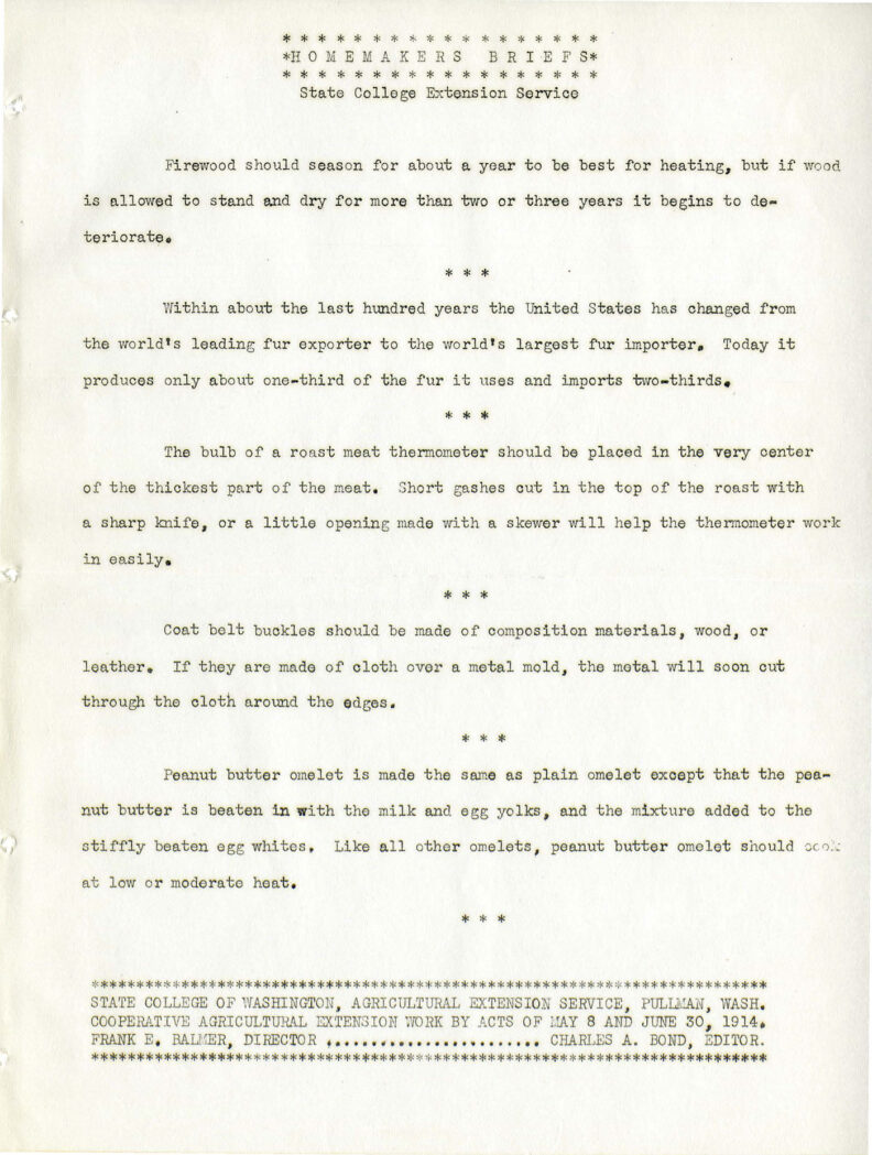 Washington State College Extension homemaker's briefs from 1938