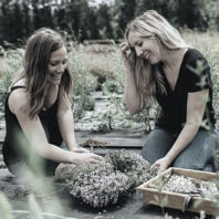 Venise Cunningham and Belinda Kelly gather herbs in a field.