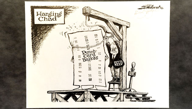 A closeup of a political ad portraying Reed hanging a chad