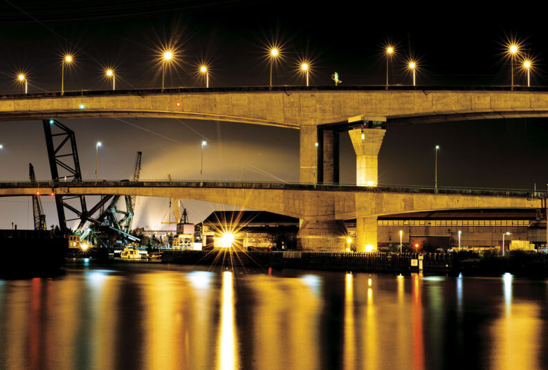 Bridge in Seattle lit up at night