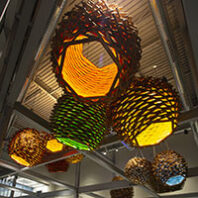 Chromasphere, light fixture sculpture that illuminate the new Podium sports complex in Spokane. By WSU architecture professor Taiji Miyasaka and Seattle artist and engineer Clayton Binkley