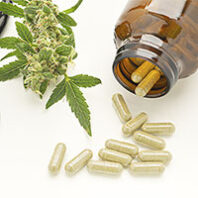 Pill bottle spilling pills next to cannabis plant