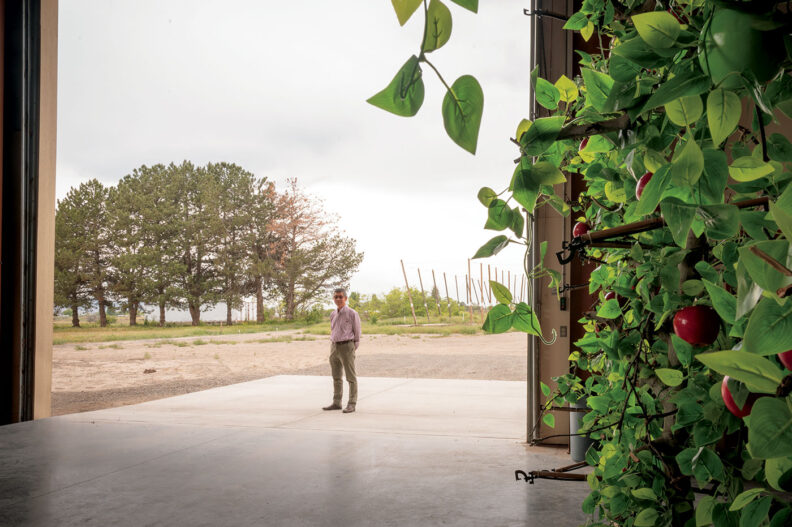 Washington State University engineer Qin Zhang stands in doorway of large warehouse at precision and automated agriculture research center.