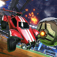 Scene from video game Rocket League with a car hitting the ball