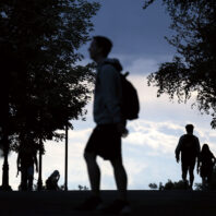 Silhouettes of students walking at WSU
