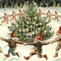 Illustration of elves dancing around Christmas tree