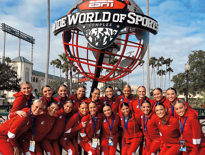 WSU Crimson Girls dance team in front of ESPN Wide World of Sports Complex in Florida