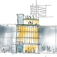 Line drawing illustration of cohousing building