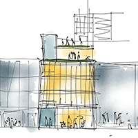 Line drawing illustration of cohousing building