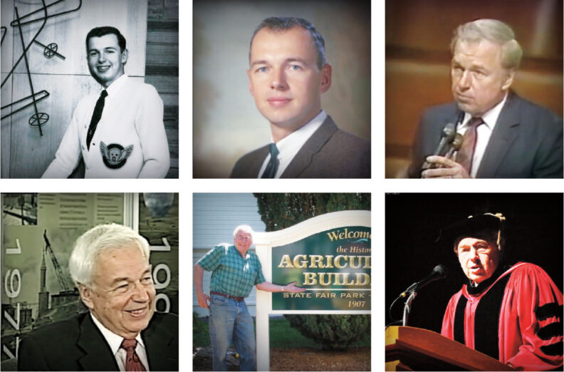 Six photos of Sid Morrison in a grid from student days to retirement