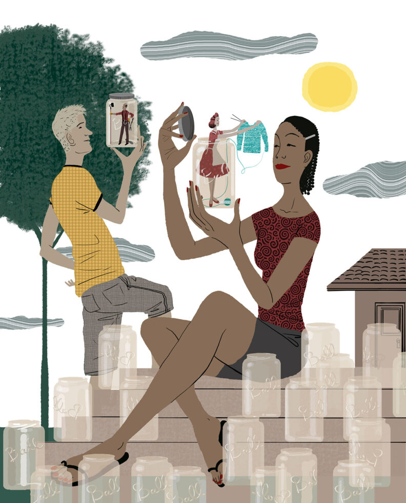 Younger generation examining older generation is canning jars