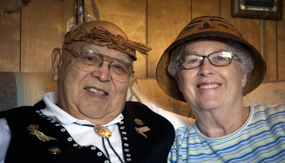 Claplanhoo and his wife in traditional Makah headgear