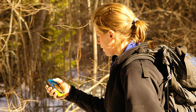 Cooley checks her location on a handheld GPS unit. She knows the coordinates of the kill site, because the previous week the cougar's GPS signal stayed in the same location for several days. The hand-held unit helps her find her way to the site.