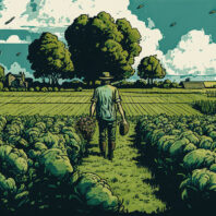 A farmer stands in front of a field of organic crops