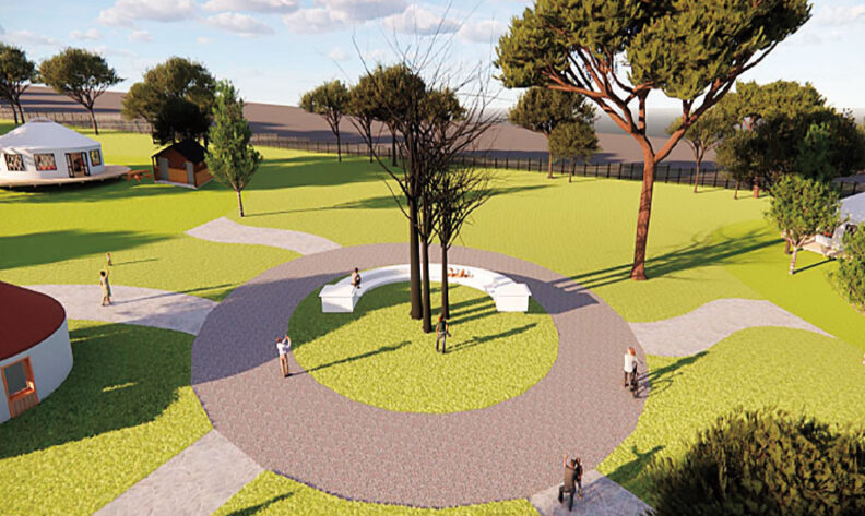 Illustration of a park with a round walkway and burned trees as a fire monument