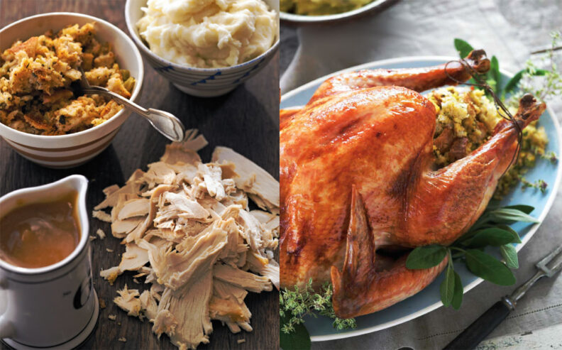 Plate of roast turkey, bowls of stuffing and mashed potatoes and tureen of gravy