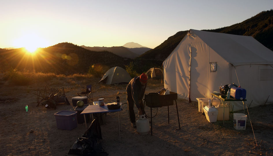 With Mount Adams in the distance, Matt Ogburn starts preparing for another day on St. Helens.