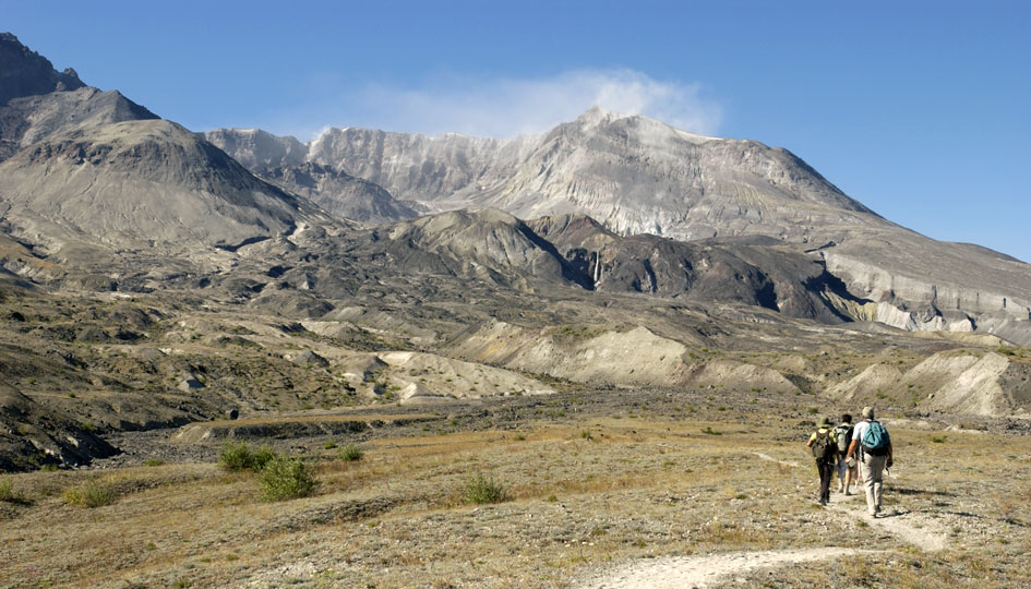 Trekking through an ashen landscape.