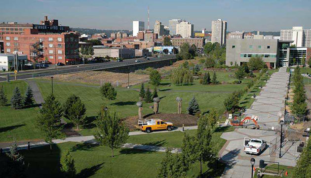 Looking west across the Riverpoint campus toward the central business district