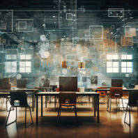 Classroom with ghostly images of squares and screens around the air