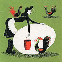 Book cover detal of a woman next to a giant egg with chickens around