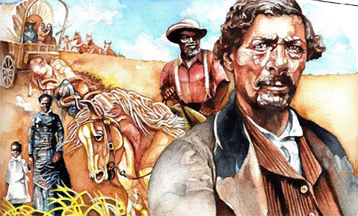 Painting of a 18th century man with other images of pioneer life behind him