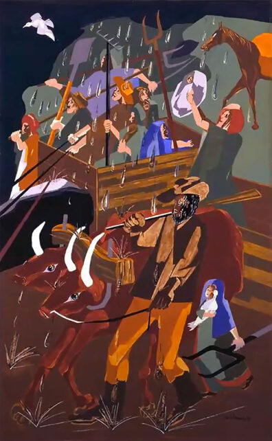 Painting by Jacob Lawrence of pioneer George Washington Bush walking next to a wagon