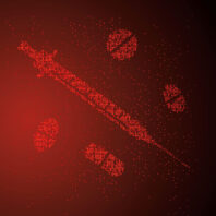 Red illustration of a syringe and pills