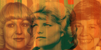 Four WSU women faculty members in stylized orange and red lines