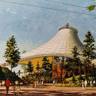 Vintage postcard showing the main pavilion at the 1974 World's Fair