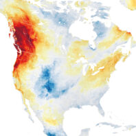 Temperature map of North America showing heat dome of 2021 in the Pacific Northwest