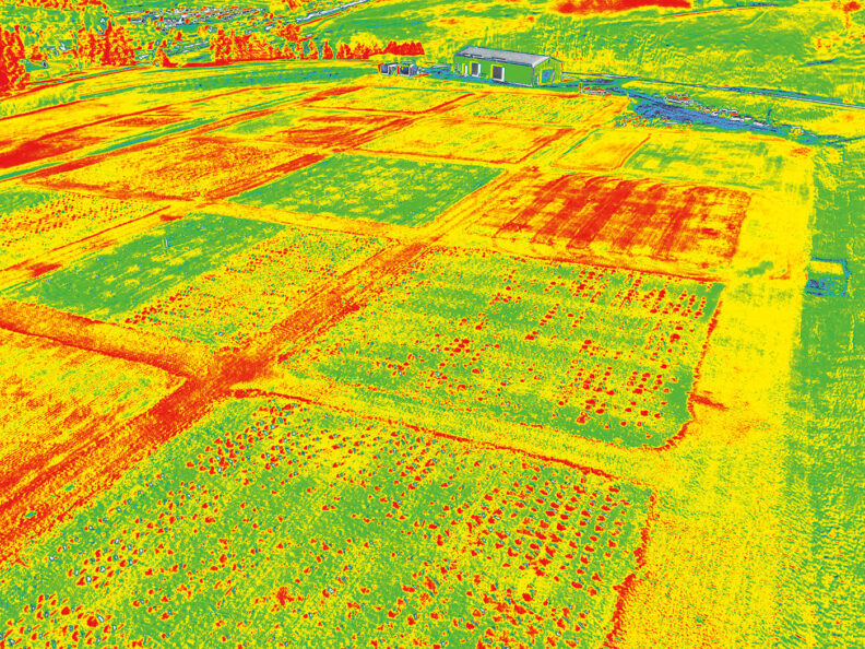 Colorized overhead view of a test field showing heat stress