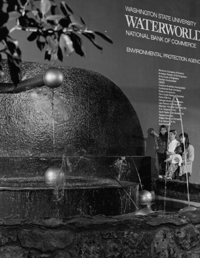 Fountain in foreground of WSU Waterworld pavilion entrance