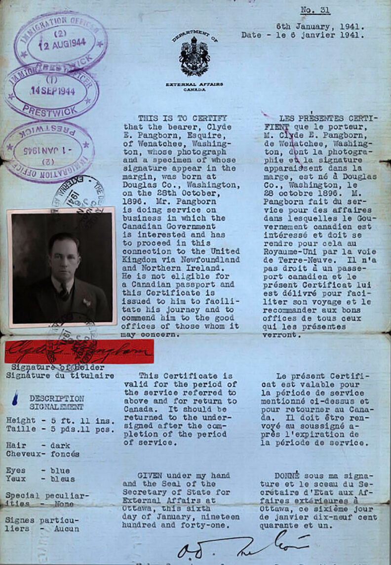 Pangborn immigration documents for flying