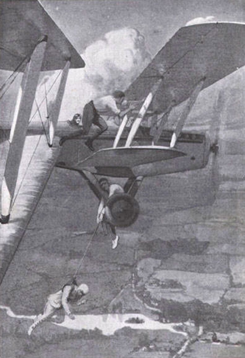 Pangborn assisting in a mid-air rescue of stuntwoman Rosalie Gordon illustration