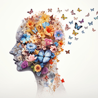 Illustration of a head with butterflies and flowers coming from it