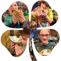 Four pictures of kids eating arranged in a four-leaf clover pattern