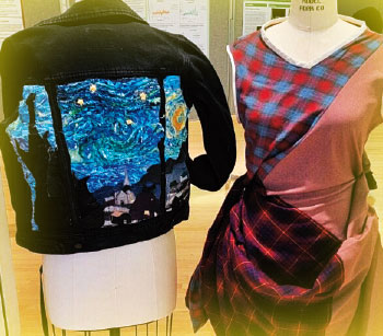 A coat with art sewn on the back and a plaid dress