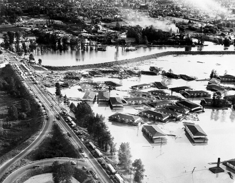 Aerial view of flooded houses in 1948 Vanport, Oregon