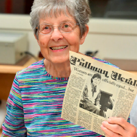 Sue Durrant holds up newspaper