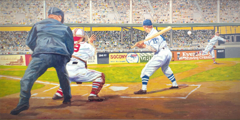 Dick Perez painting of baseball players at the plate