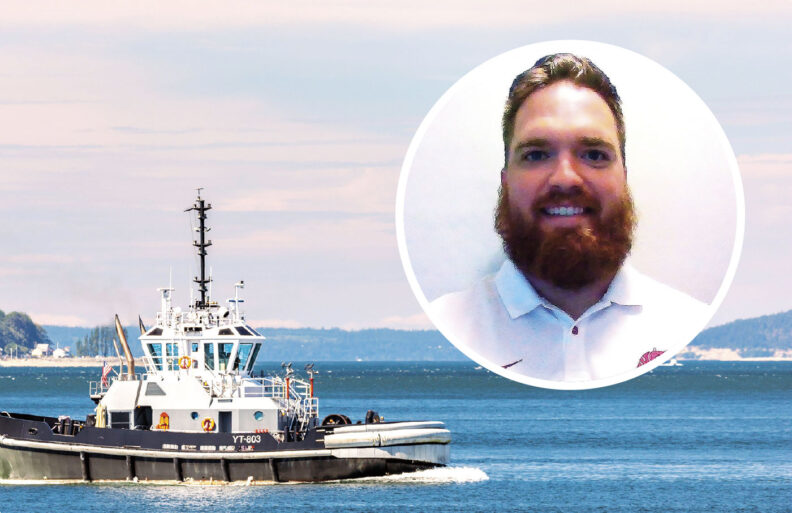 tugboat moving through the water with an inset portrait of a young man with a beard