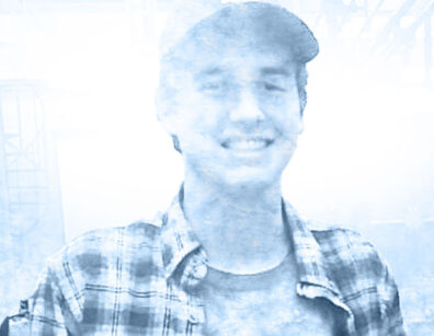 photoillustration of young smiling man in baseball cap and flannel shirt