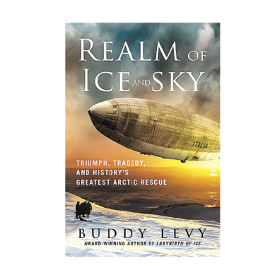 Book cover of Realm of Ice and Sky featuring a zeppelin over the icy landscape