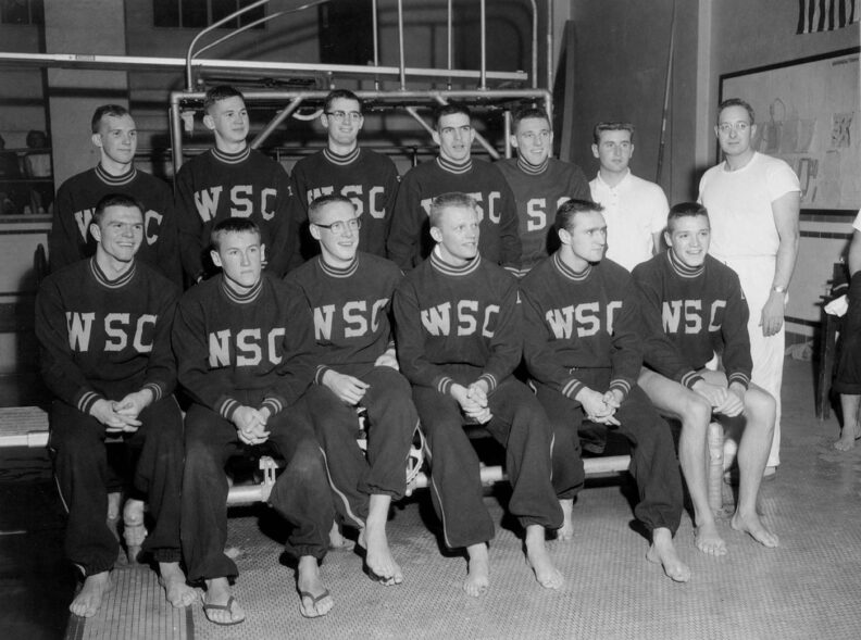 Black and white team photo of WSC swimmers