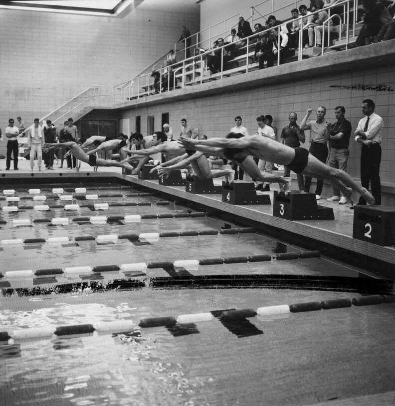 black and white photo of a group of young male swimmers diving into a pool for a race