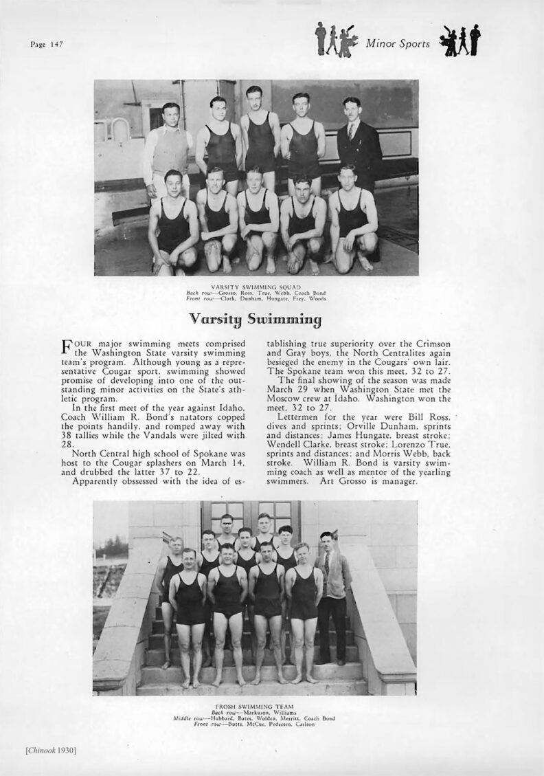 Page from a 1930 yearbook shows two photos of young men in swimsuits with text Varsity Swimming