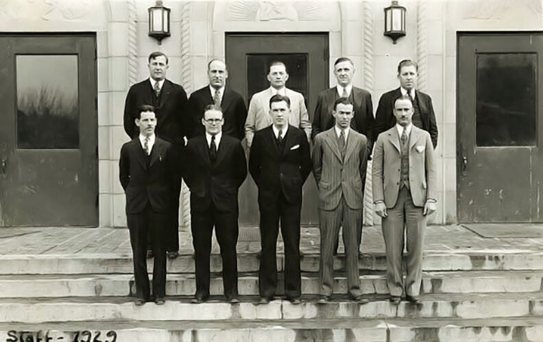 Black and white photo from 1929 Washington State College with a group of men in suits