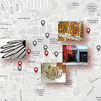 Online map of Washington State University Pullman with pictures of wing feathers, skull, art museum, and butterflies superimposed on top